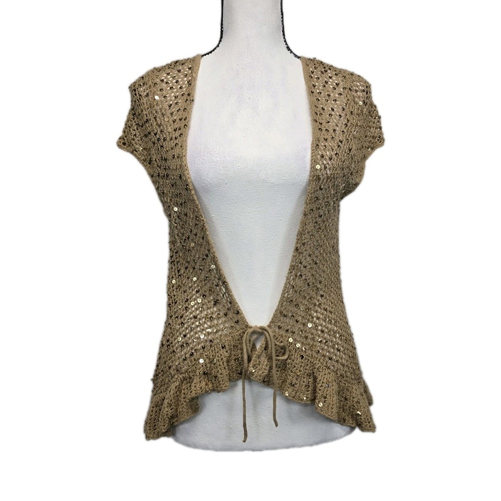 Y2K Knit Crochet Tie Front Cardigan Top L Sequin Gold Fairy Hannah Montana 3169